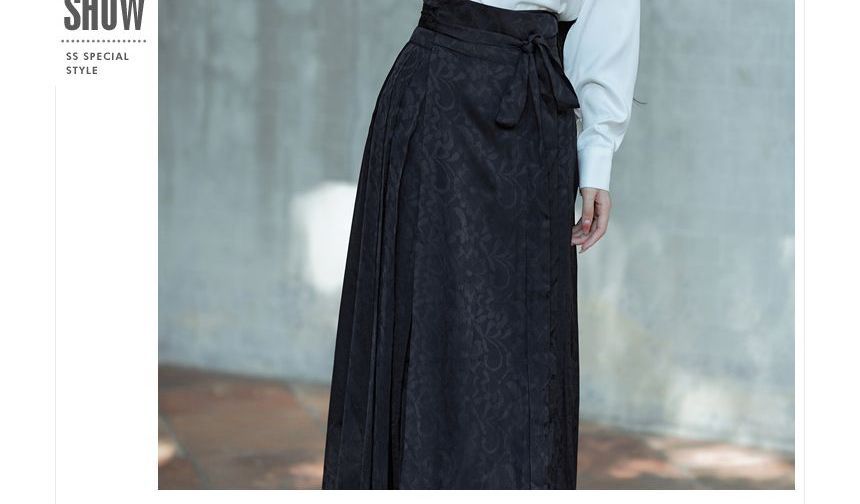 Long-Sleeve Stand Collar Embroidered Blouse / Tie-Waist Pleated Maxi A-Line Skirt