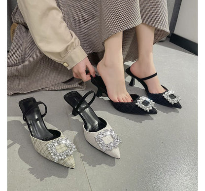 Pointed Rhinestone Kitten Heel Sandals