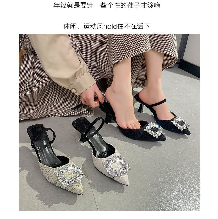 Pointed Rhinestone Kitten Heel Sandals