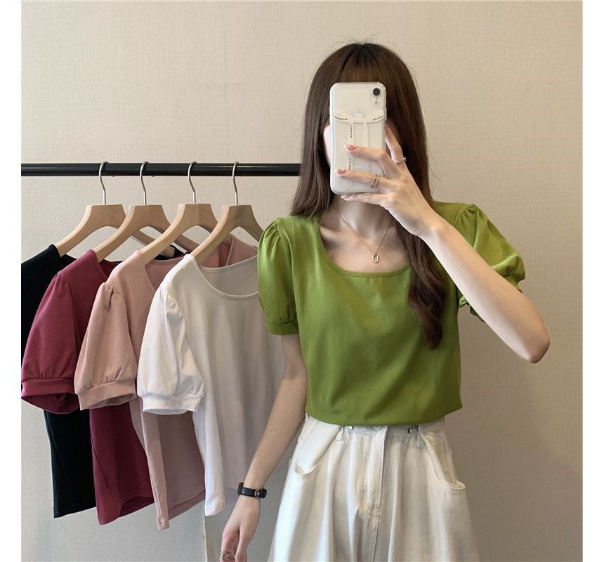 Neck Scoop Plain Puff-Sleeve T-Shirt