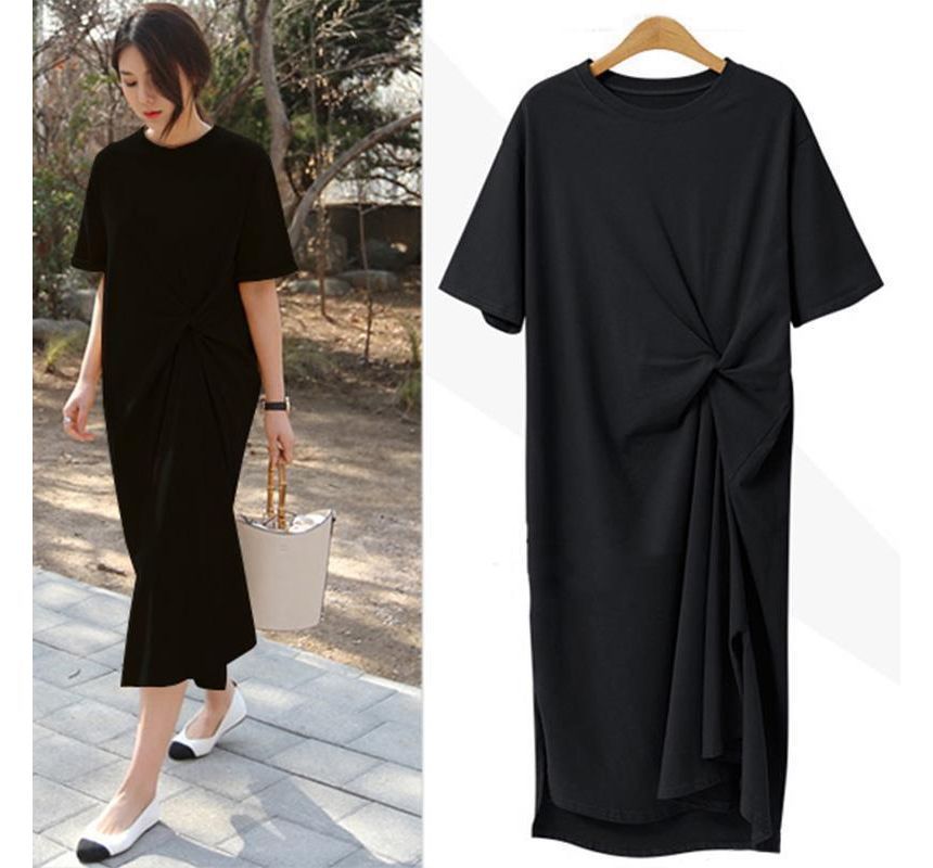 T-Shirt Twist Midi Crew Dress Neck Short-Sleeve Plain