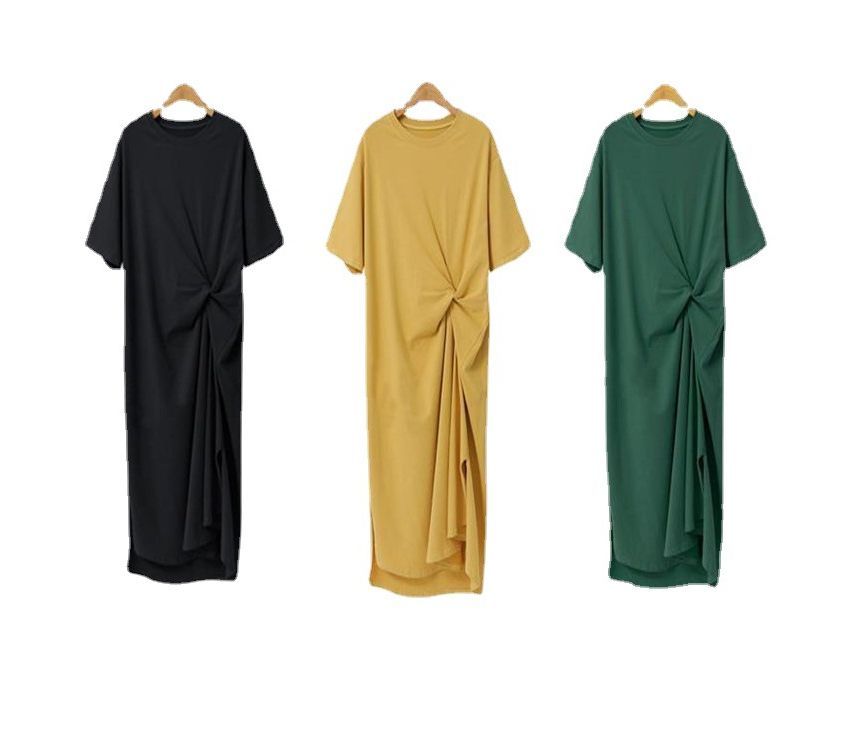 T-Shirt Twist Midi Crew Dress Neck Short-Sleeve Plain