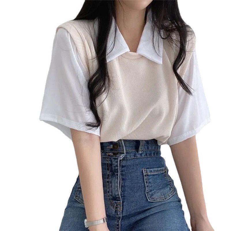 Mock Two T-Shirt Piece Collared Short-Sleeve