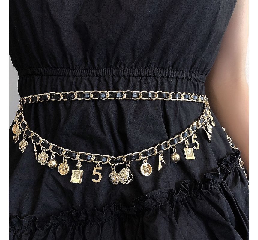 Chain Fringed Layered Alloy Leather Waist Belt Faux