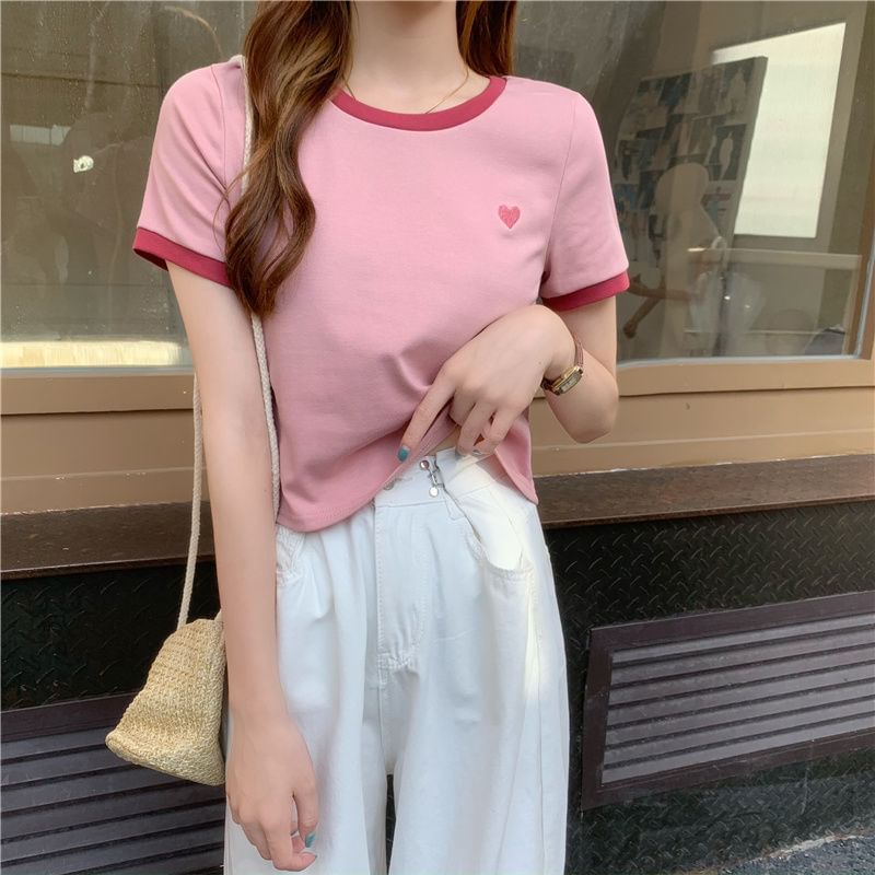 Heart Embroidered Trim Cropped Tee Short-Sleeve Contrast