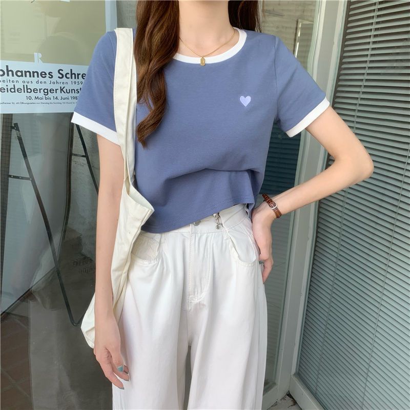 Heart Embroidered Trim Cropped Tee Short-Sleeve Contrast