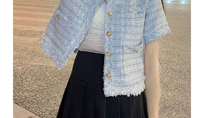 Short-Sleeve Crew Neck Tweed Button Jacket