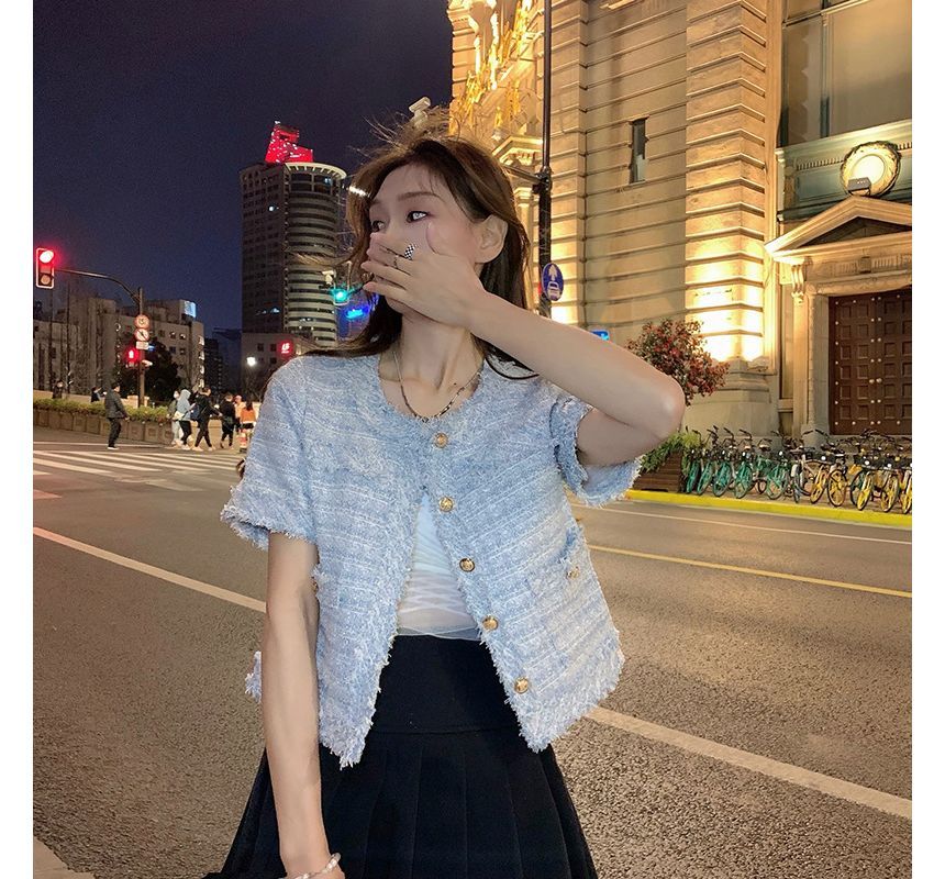 Short-Sleeve Crew Neck Tweed Button Jacket