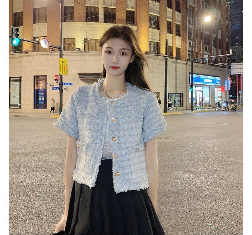 Short-Sleeve Crew Neck Tweed Button Jacket