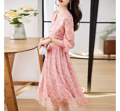 Long-Sleeve V-Neck Floral Print Button Midi A-Line Dress