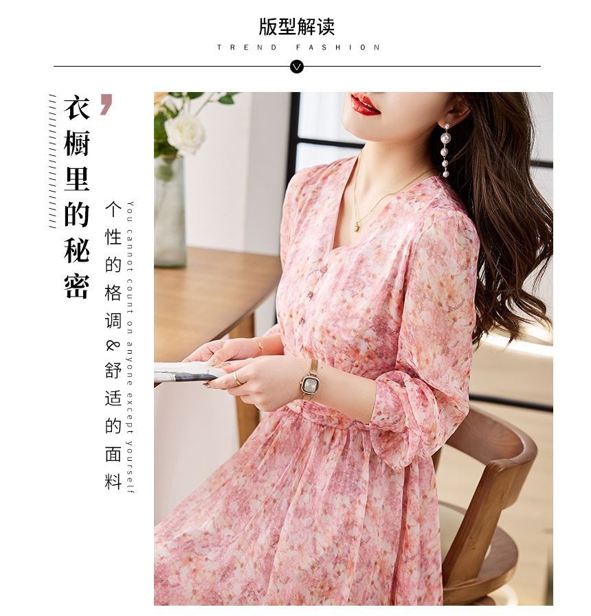 Long-Sleeve V-Neck Floral Print Button Midi A-Line Dress