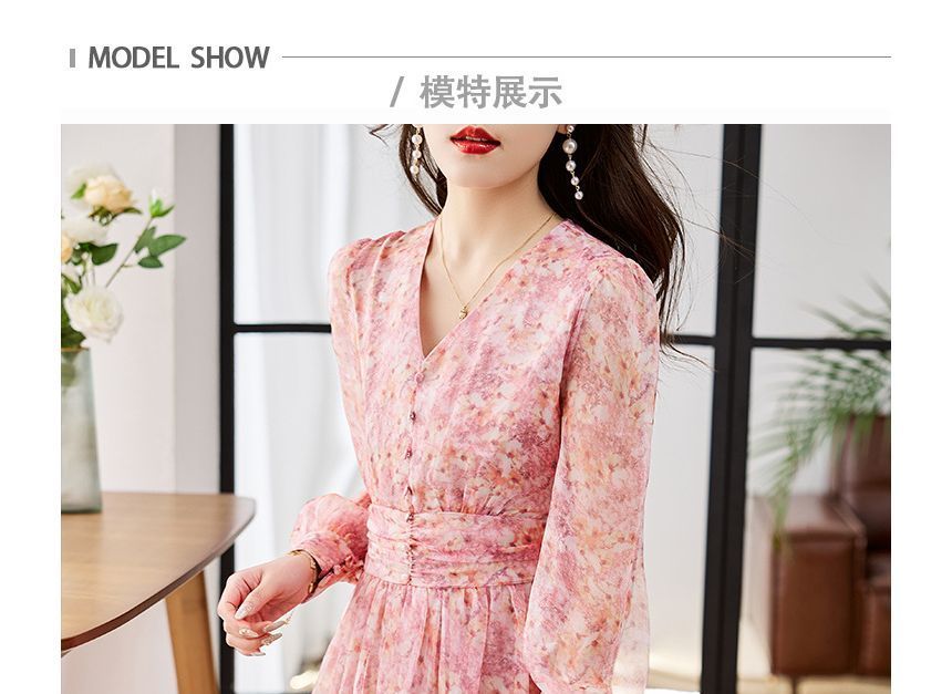 Long-Sleeve V-Neck Floral Print Button Midi A-Line Dress