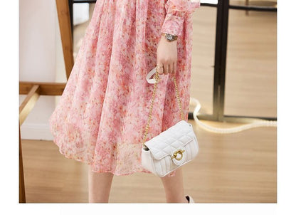 Long-Sleeve V-Neck Floral Print Button Midi A-Line Dress