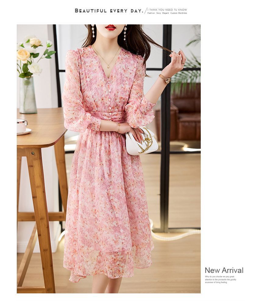 Long-Sleeve V-Neck Floral Print Button Midi A-Line Dress