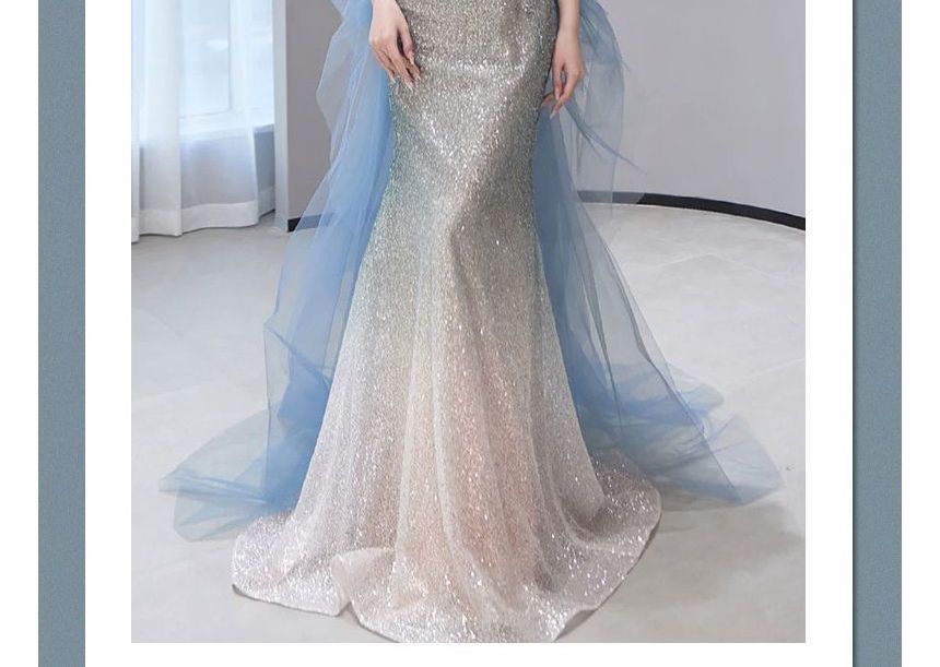 Short-Sleeve Off Shoulder Gradient Sequin Panel Mesh Mermaid Evening Gown