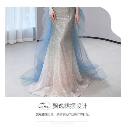 Short-Sleeve Off Shoulder Gradient Sequin Panel Mesh Mermaid Evening Gown