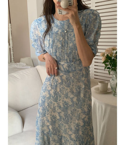 Short-Sleeve Crew Neck Floral Print Ruched Midi A-Line Dress