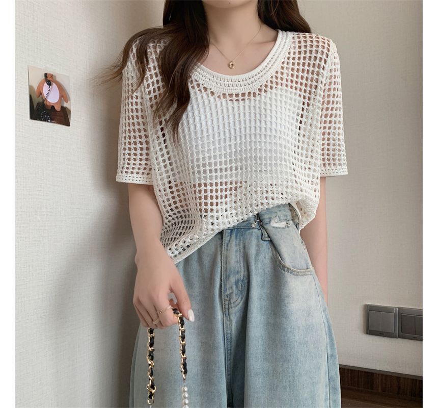 Perforated Knit Short-Sleeve Top