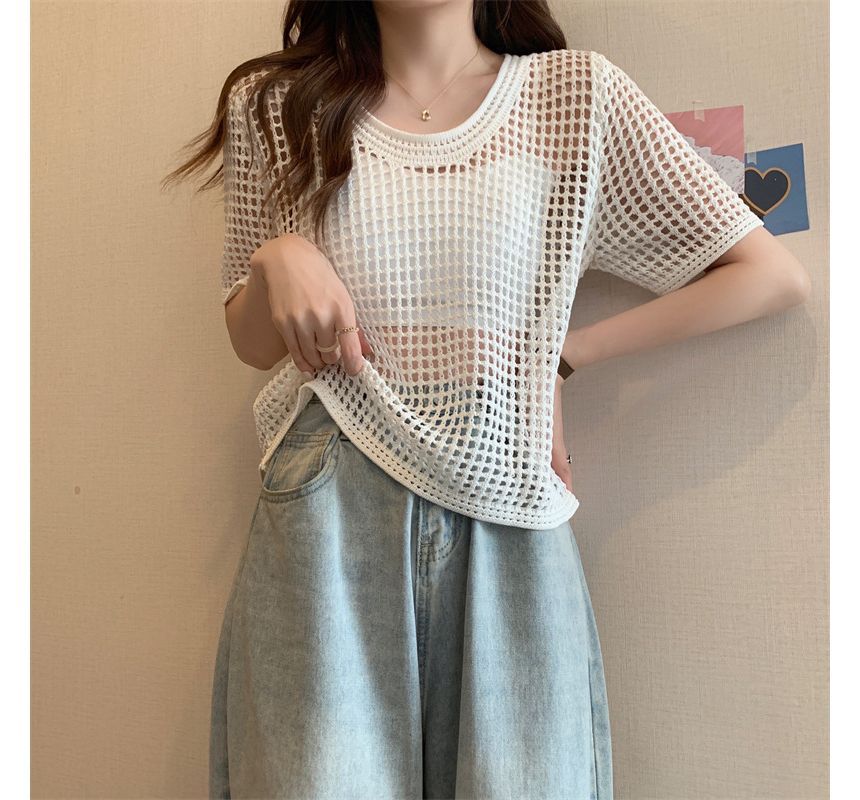 Perforated Knit Short-Sleeve Top