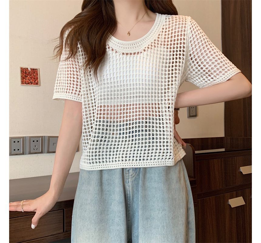 Perforated Knit Short-Sleeve Top