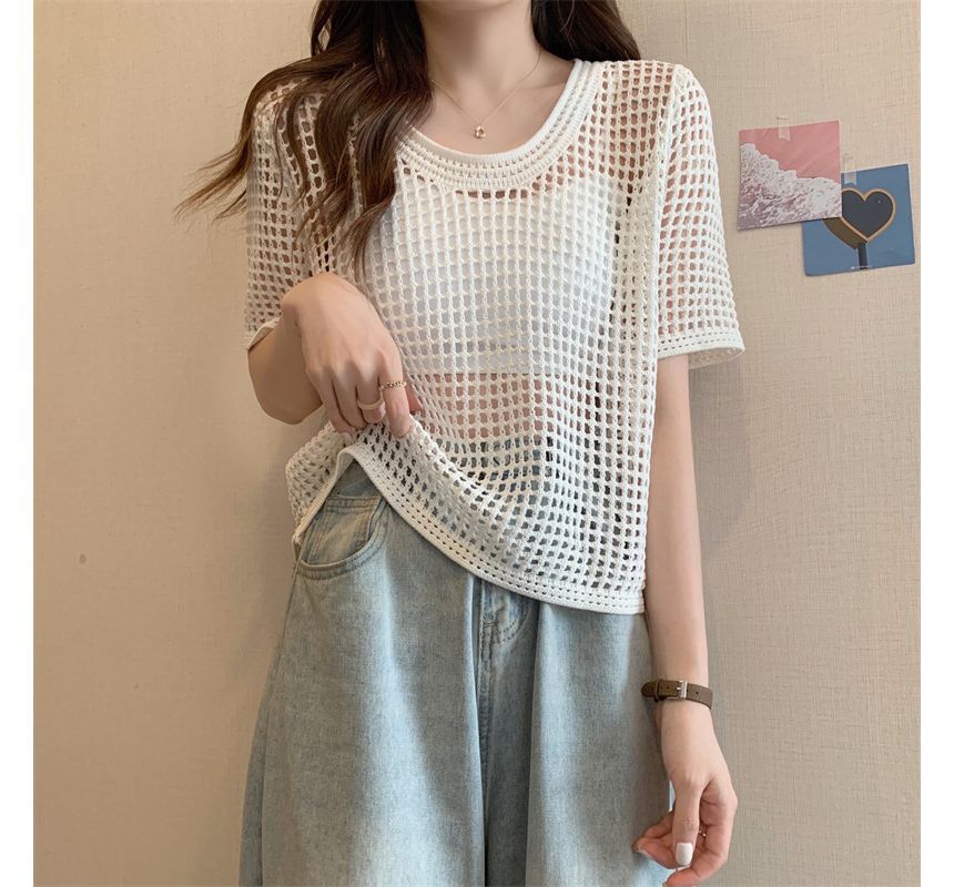 Perforated Knit Short-Sleeve Top