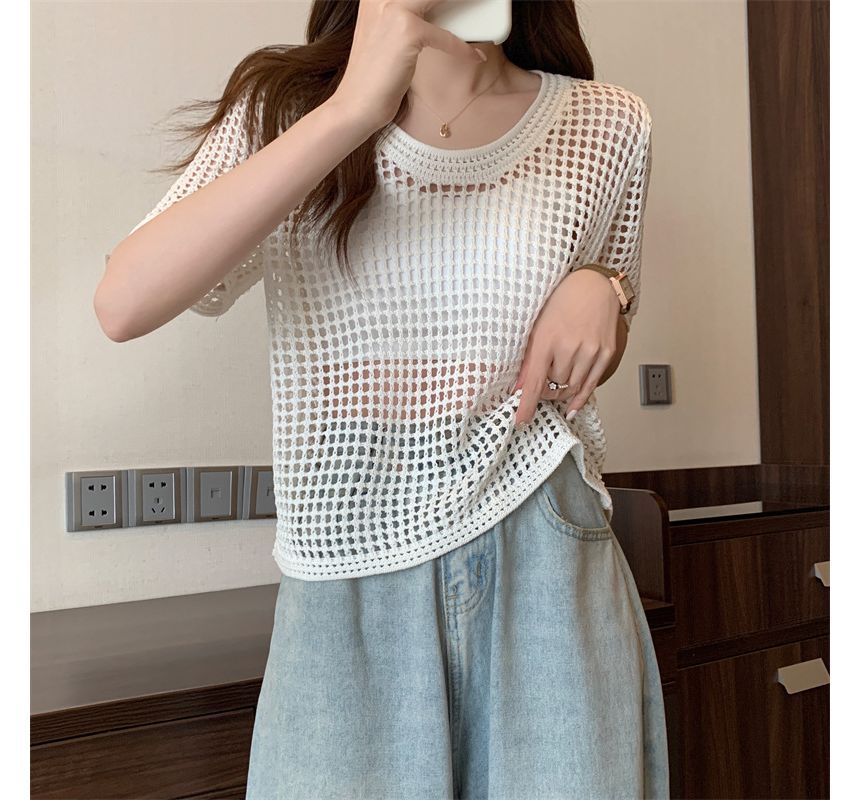 Perforated Knit Short-Sleeve Top