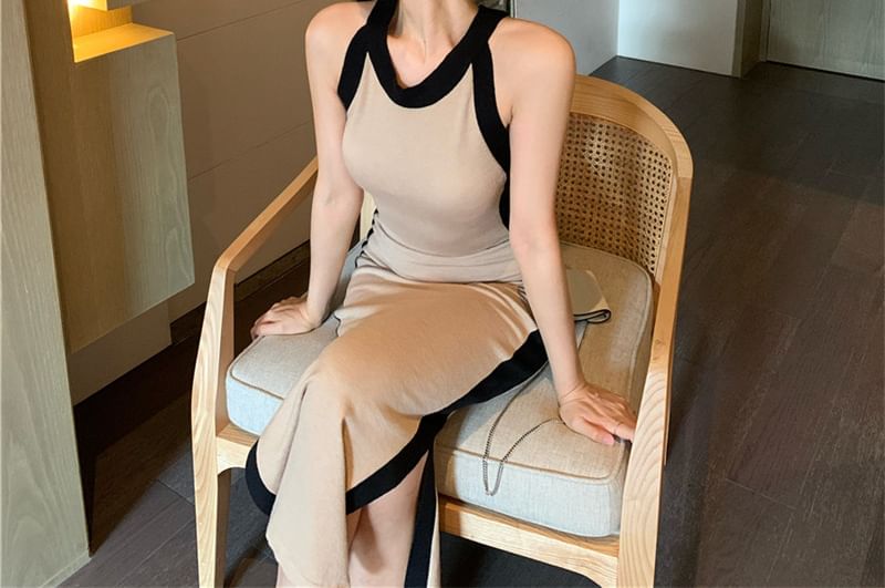 Midi Dress Slim-Fit Sleeveless Two-Tone