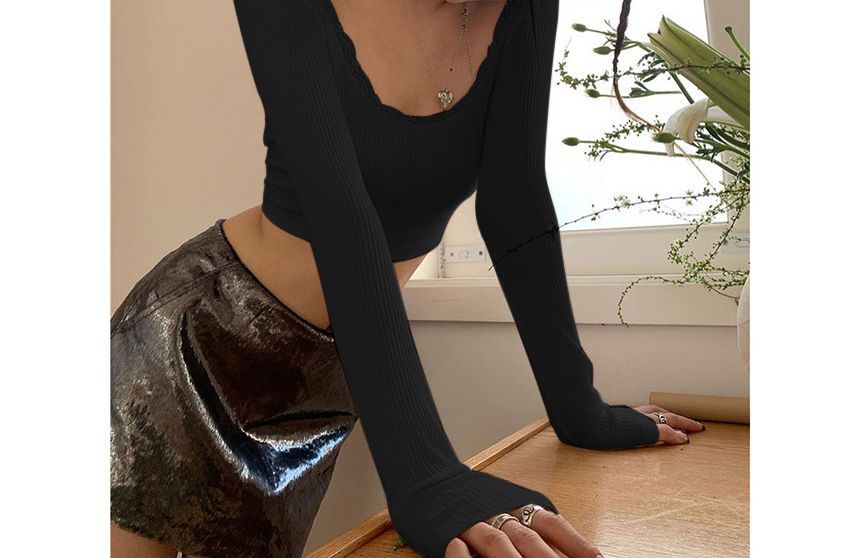 Crop Scoop Long-Sleeve Neck Backless Ribbed Trim Plain Lace Tee