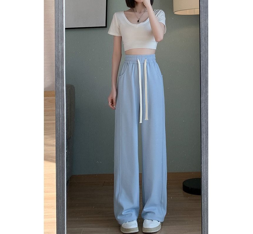 Drawstring Waist Plain Wide Leg Sweatpants