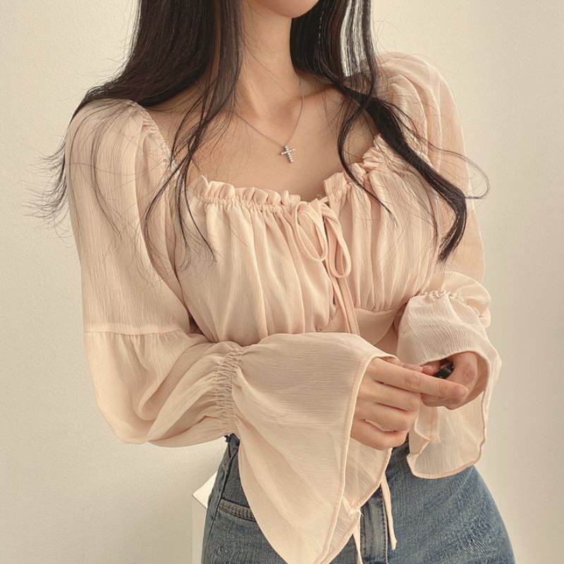 Cinched Sleeve Square Neck Plain Ruched Tie Front Blouse