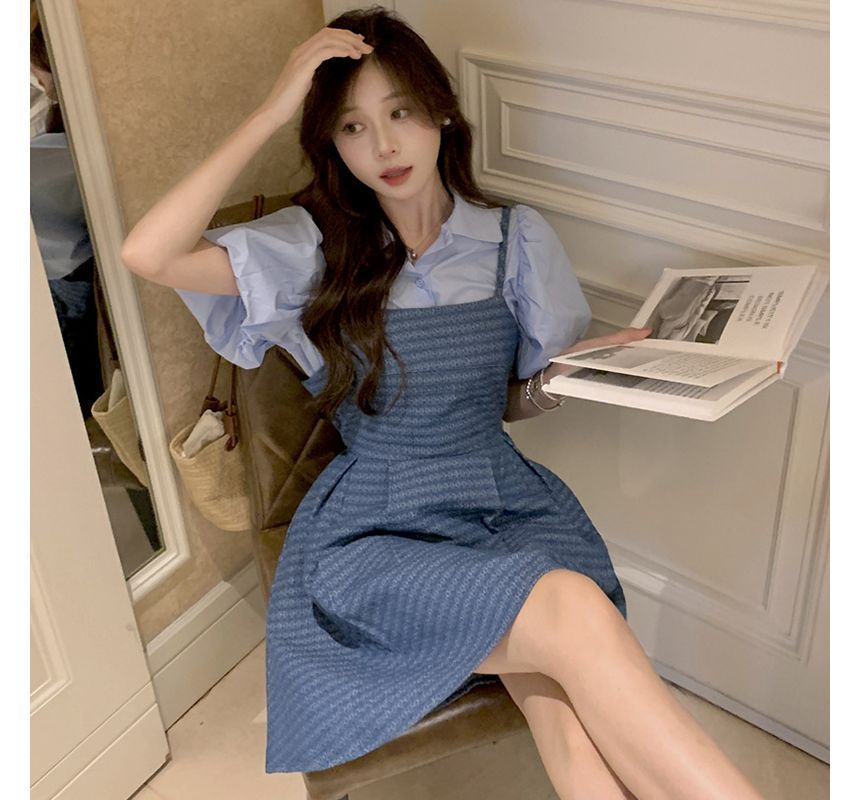 Puff-Sleeve Plain Blouse / Spaghetti Strap Square Neck Striped Denim Mini A-Line Dress