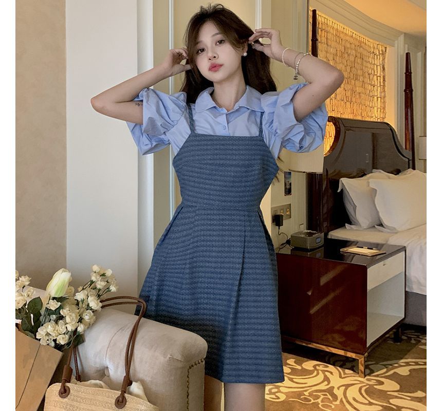 Puff-Sleeve Plain Blouse / Spaghetti Strap Square Neck Striped Denim Mini A-Line Dress