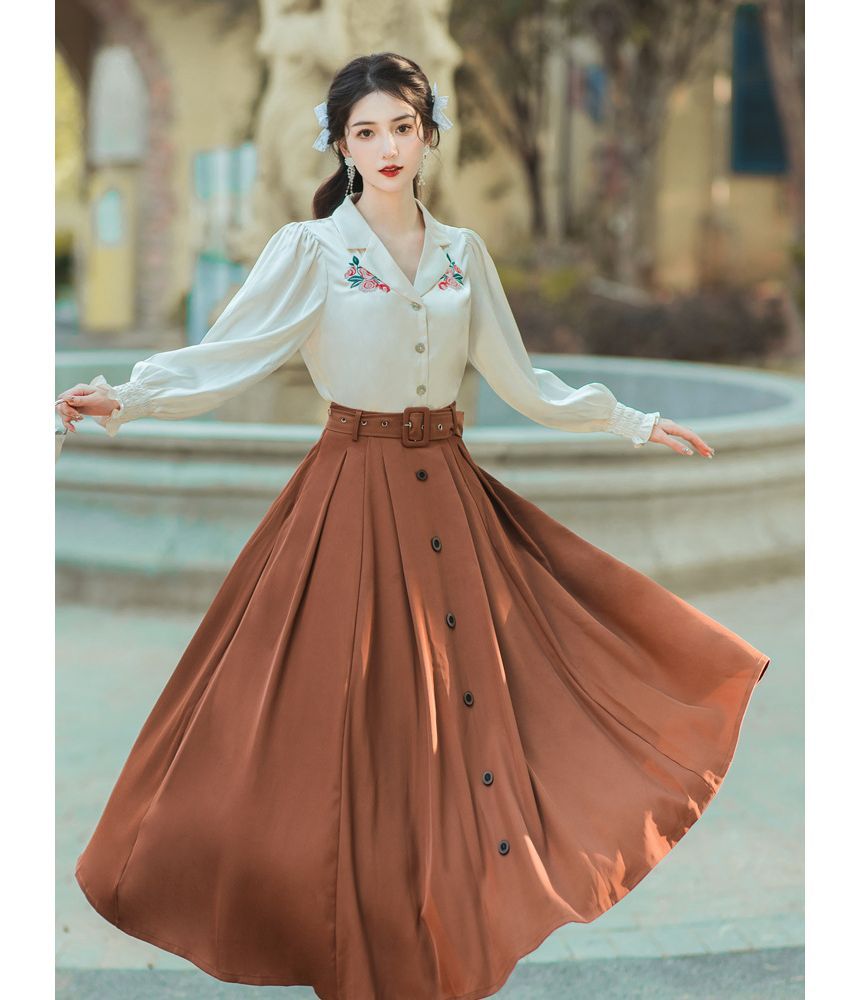 Long-Sleeve Collared Floral Embroidered Blouse / High Waist Plain Pleated Belted Midi A-Line Skirt / Set