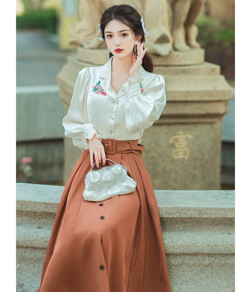 Long-Sleeve Collared Floral Embroidered Blouse / High Waist Plain Pleated Belted Midi A-Line Skirt / Set