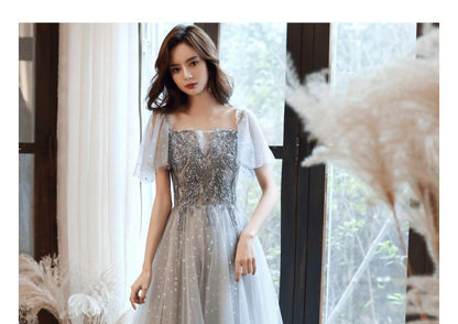 Cap-Sleeve Sequin Mesh Panel A-Line Evening Gown / Midi Dress