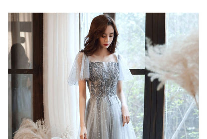 Cap-Sleeve Sequin Mesh Panel A-Line Evening Gown / Midi Dress