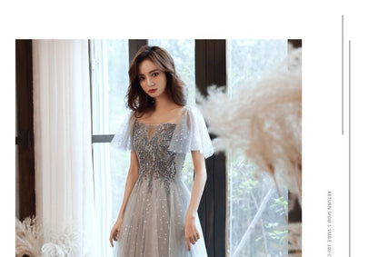 Cap-Sleeve Sequin Mesh Panel A-Line Evening Gown / Midi Dress