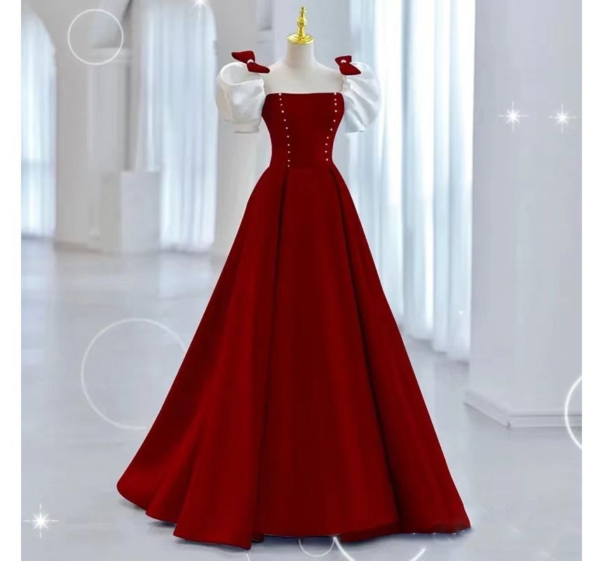Tone A-Line Evening Puff-Sleeve Gown Bow Two