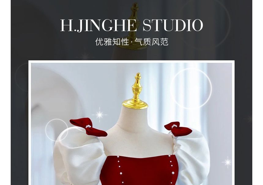 Tone A-Line Evening Puff-Sleeve Gown Bow Two