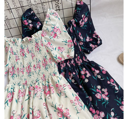 Square-Neck Puff-Sleeve Ruched Floral A-Line Dress