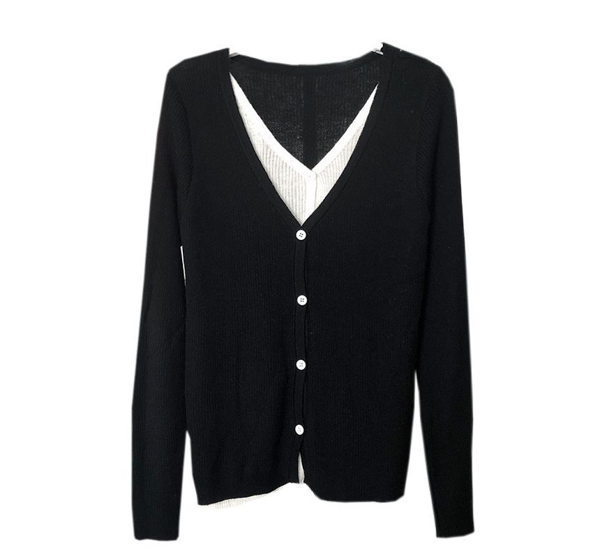 Two Button-Up Two-Piece Top Knit Mock Long-Sleeve V-Neck Tone