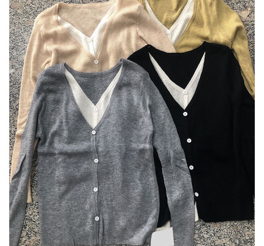 Two Button-Up Two-Piece Top Knit Mock Long-Sleeve V-Neck Tone