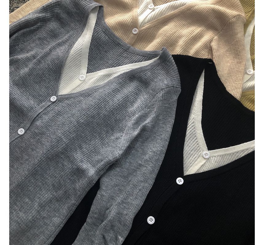 Two Button-Up Two-Piece Top Knit Mock Long-Sleeve V-Neck Tone