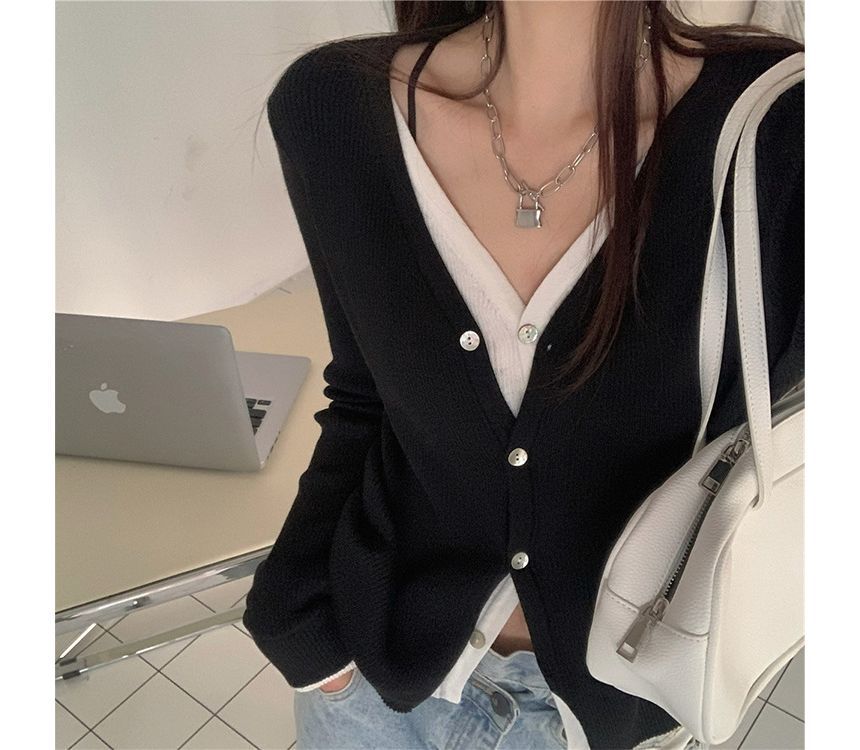 Two Button-Up Two-Piece Top Knit Mock Long-Sleeve V-Neck Tone