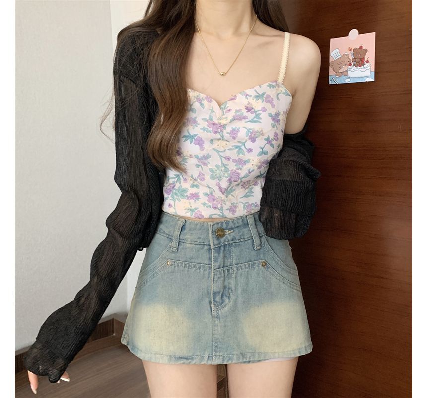 Floral Print Shirred Camisole Top / V