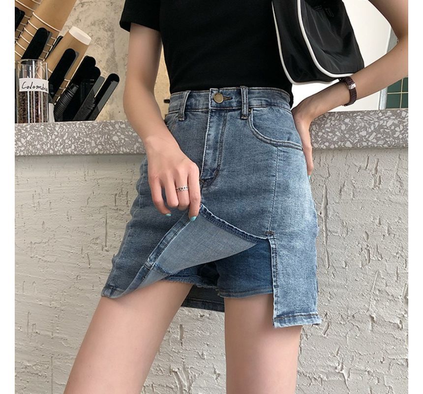 High Waist Slit Denim Mini Pencil Skort