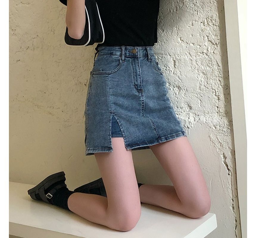 High Waist Slit Denim Mini Pencil Skort