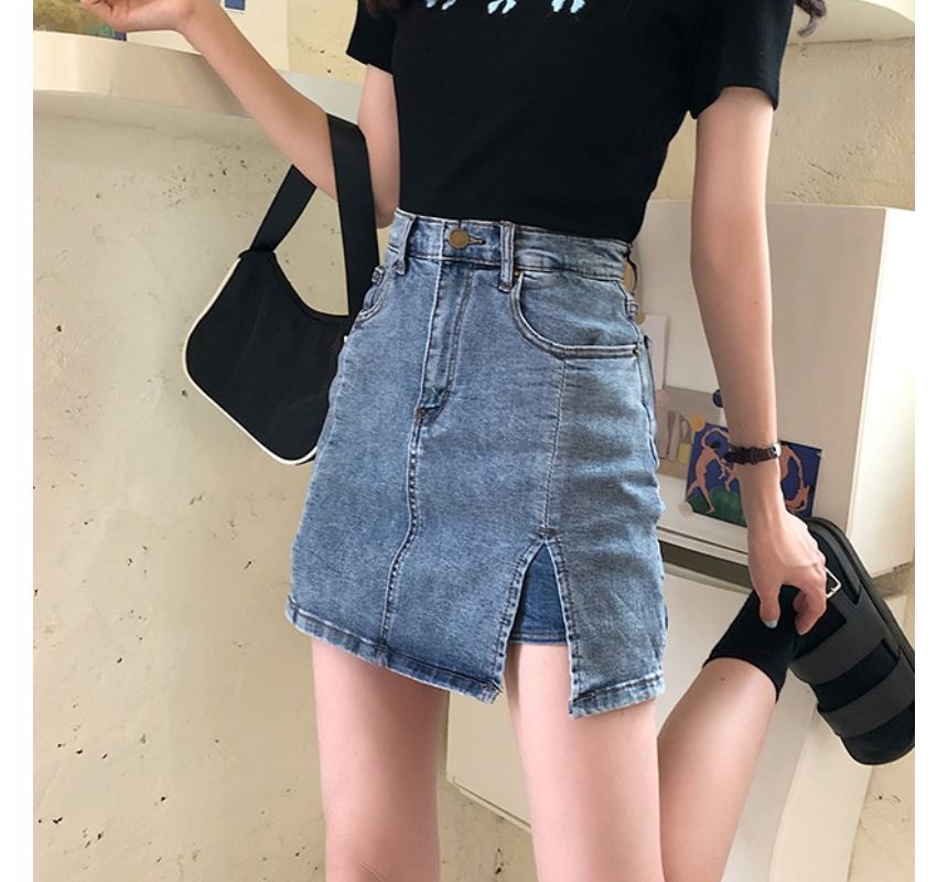 High Waist Slit Denim Mini Pencil Skort