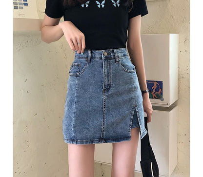 High Waist Slit Denim Mini Pencil Skort