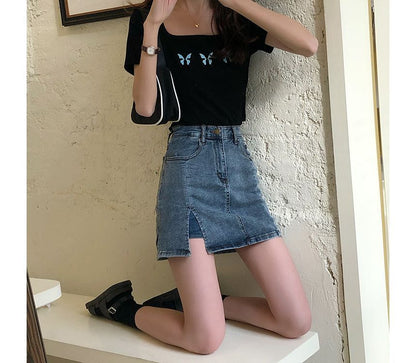 High Waist Slit Denim Mini Pencil Skort